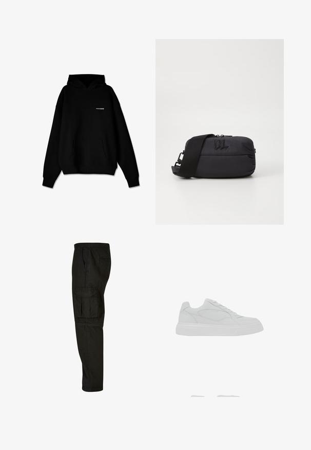 Schwarzer Kapuzenpullover mit vorderer Kängurutasche und kleinem weißen "PEGADOR"-Logo auf der Brust, vor weißem Hintergrund präsentiert.; Schwarze Cargo-Hosen mit lockerer Passform, elastischem Bund, Seitentaschen und einer großen Cargotasche am Oberschenkel. Weicher, leichter Stoff.; Weißer Sneaker in niedrigem Schnitt mit Schnürverschluss, glattem Lederobermaterial und dicker Gummisohle, von der Außenseite gezeigt.; Schwarze Nylon-Schultertasche mit glatter Textur, Reißverschlussverschluss, verstellbarem Tragegurt und geprägtem Logo-Detail auf der Vorderseite.