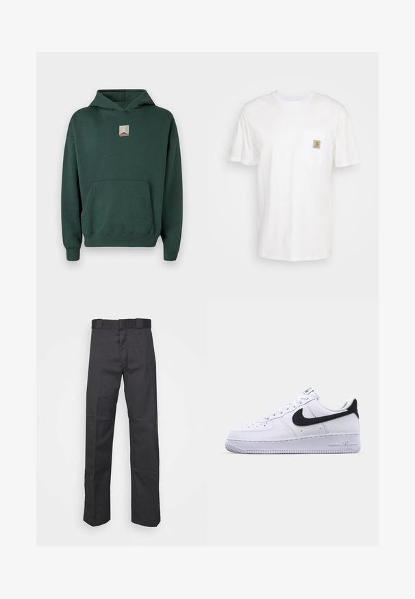 Grøn bomulds-hoodie med en frontlomme, lange ærmer og et grafisk logo på brystet. Har en hætte med snore og ribbede manchetter.; Hvid bomulds T-shirt med korte ærmer, en brystlomme, og et lille firkantet logo patch i orange og hvid på lommen.; Sorte bukser lavet af holdbart stof, med et lige ben-design, en talje med bæltesløjfer og sømme for ekstra struktur.; Hvide lædersneakers med en struktureret sort Swoosh, flade snørebånd og en gummisål med et rillemønster. "AIR" er præget på hælen.