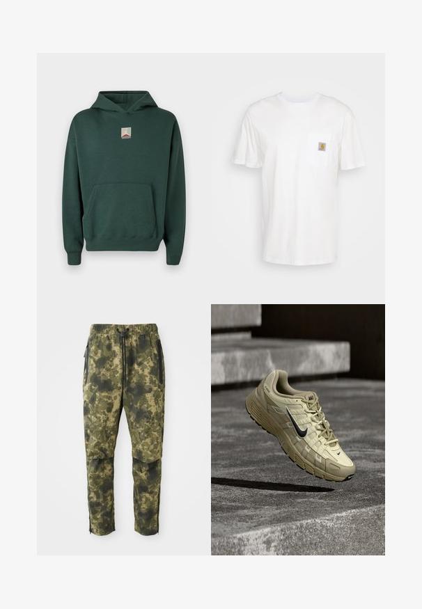 Groene katoenen hoodie met een voorkantzak, lange mouwen en een grafisch logo op de borst. Voorzien van een capuchon met trekkoord en geribde manchetten.; Witte katoenen t-shirt met korte mouwen, een borstzak en een klein vierkant logo-opdruk in oranje en wit op de zak.; Camo broek in verschillende tinten groen met een digitaal patroon. Voorzien van een elastische tailleband, trekkoord en zijzakken met rits.; Beige Nike hardloopschoen met zwarte swoosh zwevend boven betonnen trappen, met zichtbare gestructureerde zool en bovenwerk van meshstof.