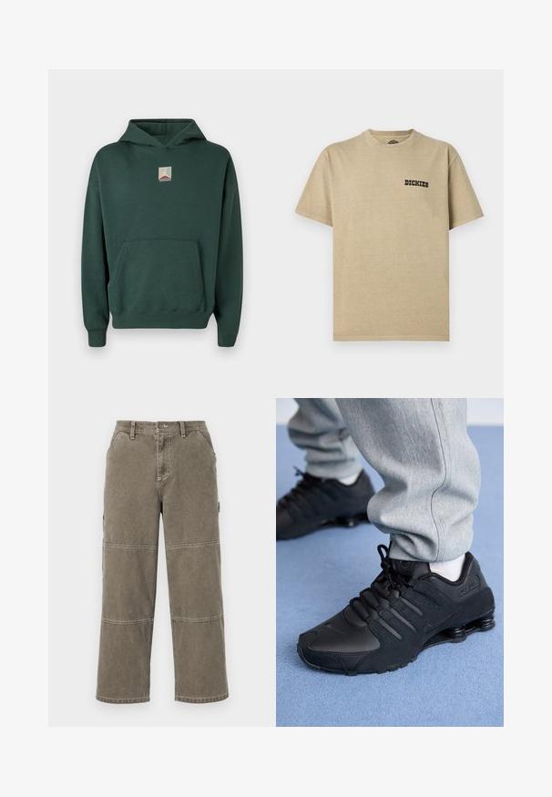 Groene katoenen hoodie met een voorkantzak, lange mouwen en een grafisch logo op de borst. Voorzien van een capuchon met trekkoord en geribde manchetten.; Beige katoenen t-shirt met een ronde hals en korte mouwen. Voorzien van een zwart "DICKIES"-logo op de linkerborst. Gladde textuur.; Katoenen cargobroek in gedempt olijfgroen met brede pijpen, dubbele stiksels, en zijzakken, voorzien van een knoopsluiting en riemlussen.; Persoon in zwarte Nike Shox sneakers en een grijze joggingbroek staand op een lichtblauw tapijt.