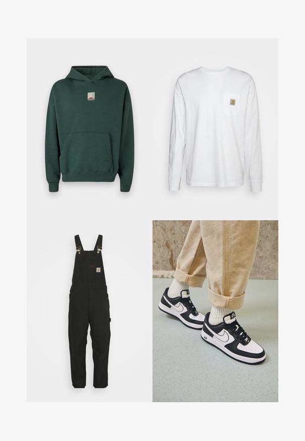 Grüner Baumwoll-Hoodie mit einer Fronttasche, langen Ärmeln und einem grafischen Logo auf der Brust. Verfügt über eine Kordelzugkapuze und gerippte Bündchen.; Langärmliges, weißes Hemd aus Baumwolle mit einer Brusttasche und einem quadratischen Logopatch. Einfaches Design mit rundem Ausschnitt und gefütterten Ärmeln.; Schwarze Baumwoll-Latzhosen mit verstellbaren Trägern, einer Fronttasche mit Logo-Patch und zwei Seitentaschen im entspannten Schnitt.; Schwarz-weiße Nike Air Force 1 Sneaker mit einem Obermaterial aus Leder, perforierter Zehenpartie und strukturiertem Sohlendesign, getragen mit aufgerollten beigen Hosen und weißen Socken.