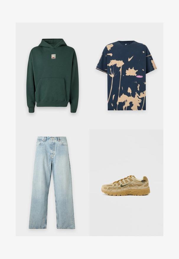 Groene katoenen hoodie met een voorkantzak, lange mouwen en een grafisch logo op de borst. Voorzien van een capuchon met trekkoord en geribde manchetten.; Marineblauw Nike T-shirt met korte mouwen, voorzien van beige tie-dye bloemenpatronen en een klein roze Nike-logo aan de voorzijde rechtsonder.; Lichtblauwe rechte denim spijkerbroek met hoge taille, vooraan met een knoop, ritsluiting en vijfzakkenontwerp, getoond op een effen witte achtergrond.; Beige sportschoen met gestructureerde suède en meshpanelen, contrasterende bruine veters en een robuust rubberen zool. Voorzien van een prominent logo.
