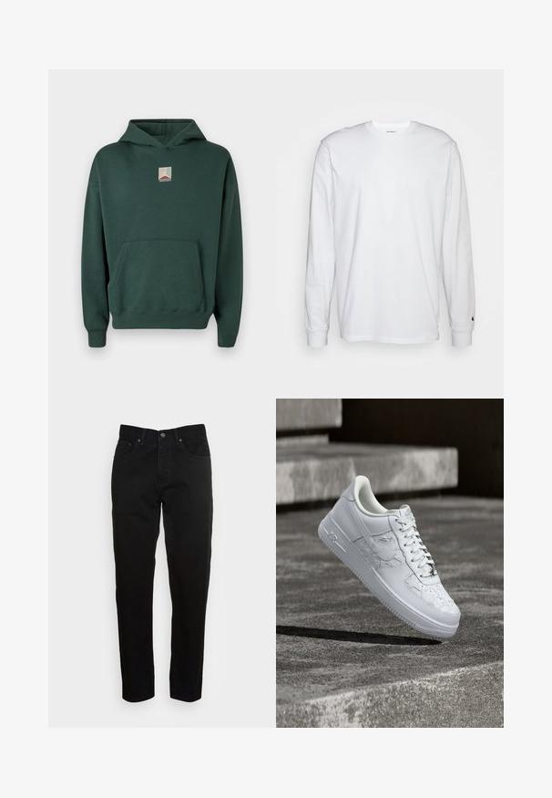 Grøn bomulds-hoodie med en frontlomme, lange ærmer og et grafisk logo på brystet. Har en hætte med snore og ribbede manchetter.; Hvid langærmet T-shirt lavet af bomuld. Rund halsudskæring med ribbede manchetter og et lille logo på venstre ærme. Glat tekstur.; Sorte slim-fit jeans med frontknaplukning og fem-lomme design, vist mod en enkel lys grå baggrund.; Hvid Nike Air Force 1 sneaker med prægede stjernemønstre og en metallisk stjerne snørebåndsvedhæng, der svæver over en betongulv.