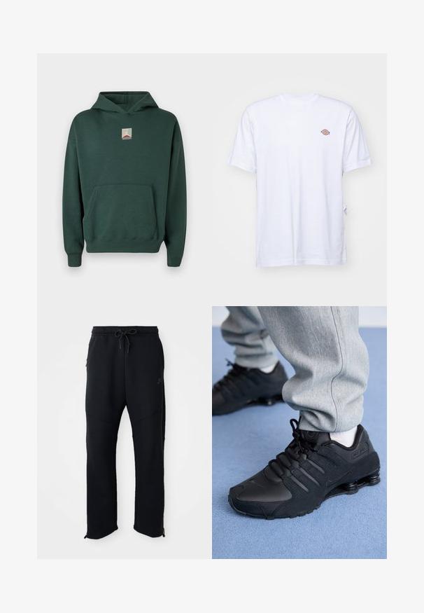 Groene katoenen hoodie met een voorkantzak, lange mouwen en een grafisch logo op de borst. Voorzien van een capuchon met trekkoord en geribde manchetten.; Witte katoenen t-shirt met een v-hals en korte mouwen. Kenmerkt zich door een klein kleurrijk geborduurd logo op de linkerkant van de borst. Zachte textuur.; Zwarte sportbroek met elastische tailleband en trekkoord, met zijzakken, taps toelopende pijpen en ritsen bij de enkels. Glad textuur.; Persoon in zwarte Nike Shox sneakers en een grijze joggingbroek staand op een lichtblauw tapijt.