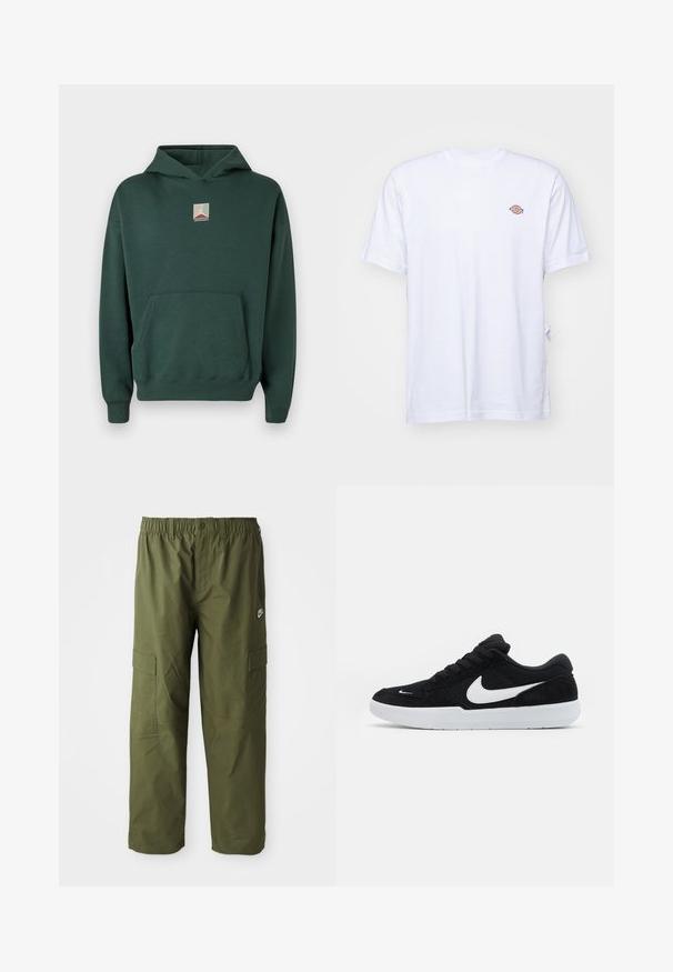 Groene katoenen hoodie met een voorkantzak, lange mouwen en een grafisch logo op de borst. Voorzien van een capuchon met trekkoord en geribde manchetten.; Witte katoenen t-shirt met een v-hals en korte mouwen. Kenmerkt zich door een klein kleurrijk geborduurd logo op de linkerkant van de borst. Zachte textuur.; Nike cargo broek in donkergroen olijf, met een elastische tailleband, twee zijzakken en een gladde, lichte stof.; Zwarte suède sneakers met witte accenten, met een ronde neus, dikke witte zool en zwarte veters. Opvallend wit Nike-logo aan de zijkant.