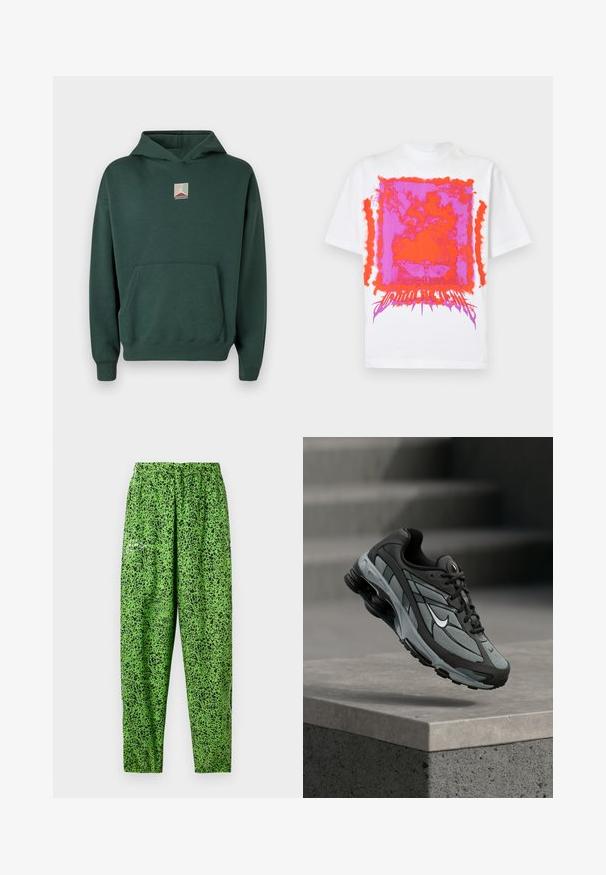Groene katoenen hoodie met een voorkantzak, lange mouwen en een grafisch logo op de borst. Voorzien van een capuchon met trekkoord en geribde manchetten.; Wit T-shirt met korte mouwen met een felroze en oranje abstract rechthoekig grafisch ontwerp en gestileerde tekst onderaan in het midden voorop.; Groene broek gemaakt van lichtgewicht stof, met een zwart gespikkeld patroon, elastische taille en een ontspannen pasvorm.; Grijze en zwarte sportieve sneaker met meshpanelen en dikke zool, zwevend in de lucht boven een betonnen richel met trappen op de achtergrond.