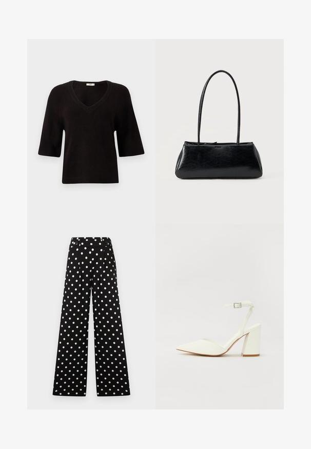 Suéter negro de punto con cuello en V, mangas cortas y un corte relajado. Textura suave con detalles acanalados en el dobladillo y las mangas.; Pantalones negros de pierna ancha con lunares blancos, cintura alta y pretina con botones.; Sandalia blanca de tacón con puntera afilada, correa ajustable en el tobillo y un tacón cuadrado grueso. Textura lisa con detalles de costura mínimos.; Bolso de hombro rectangular negro con correas largas y delgadas y una textura lisa y brillante sobre un fondo liso.
