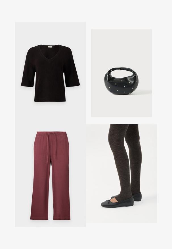 Pull en maille noir avec un col en V, des manches courtes et une coupe décontractée. Texture douce avec des accents côtelés au niveau de l'ourlet et des manches.; ONLY Petite ONLGOA PULL UP CULOTTE - Pantalon classique - rose brown; Jambes portant des leggings côtelés foncés associés à des ballerines noires avec de petits détails en nœud sur fond blanc.; Sac à main en cuir noir de forme arrondie, décoré de clous argentés et équipé d'une poignée courte. Texture lisse et fermeture éclair.