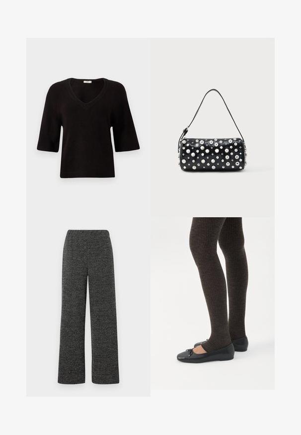 Pull en maille noir avec un col en V, des manches courtes et une coupe décontractée. Texture douce avec des accents côtelés au niveau de l'ourlet et des manches.; Pantalons à jambes larges en tissu texturé noir et gris, dotés d'une taille élastique pour plus de confort. Pas de poches ni de fermetures visibles.; Jambes portant des leggings côtelés foncés associés à des ballerines noires avec de petits détails en nœud sur fond blanc.; Sac à main en cuir noir à forme arrondie, orné de clous argentés. Comprend une bandoulière amovible et une fermeture éclair. Texture lisse.