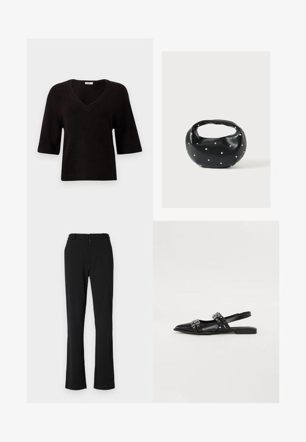 Suéter negro de punto con cuello en V, mangas cortas y un corte relajado. Textura suave con detalles acanalados en el dobladillo y las mangas.; Pantalones negros acampanados con una textura suave, que cuentan con un frente plano, presillas para el cinturón y un cierre de cremallera. Diseñados para un ajuste a medida.; Even&Odd by Zalando Bailarinas con tira trasera - black; Bolso de mano de cuero negro con forma redondeada, decorado con detalles de tachuelas plateadas y un asa corta. Textura lisa y cierre con cremallera.
