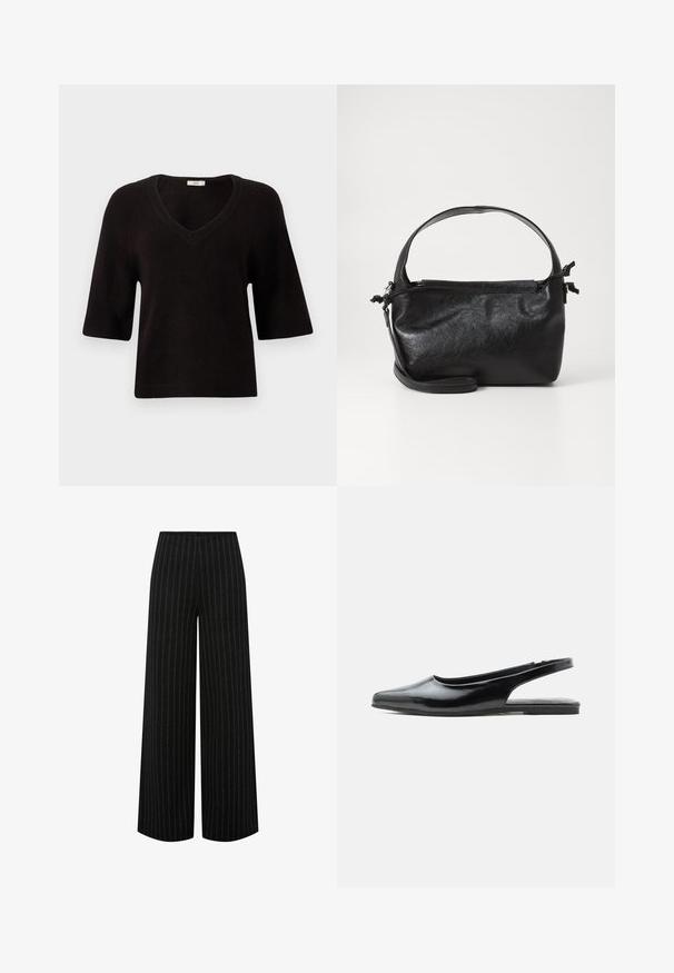 Pull en maille noir avec un col en V, des manches courtes et une coupe décontractée. Texture douce avec des accents côtelés au niveau de l'ourlet et des manches.; Pantalon noir à jambes larges avec des fines rayures verticales blanches et une taille haute, présenté à plat sur un fond blanc.; Chaussure plate à bride arrière en cuir verni noir avec bout pointu et petit talon sur fond blanc.; Sac à main en cuir noir au design structuré, avec une poignée arrondie et une bandoulière amovible. Présente une texture lisse et un éclat subtil.