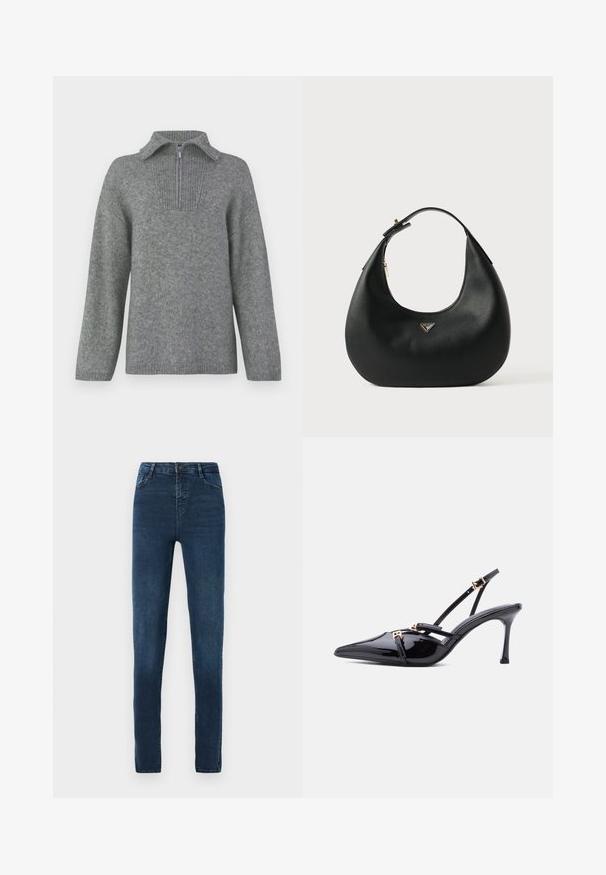 Grijs half-zip trui met een geribbelde kraag en een gestructureerd breipatroon. Heeft lange mouwen en een rechte snit voor een oversized pasvorm.; Skinny jeans in een donkere denim, met een gladde textuur, een klassiek vijf-pocket ontwerp, en een ritssluiting met knoopsluiting.; Zwarte lakleren pumps met puntige neus, sleehak, dunne bandjes en kleine, goudkleurige gespsluitingen op een witte achtergrond.; Zwarte leren hobo tas met een gladde textuur, afgeronde vorm en een korte schouderriem. Voorzien van een klein zilveren driehoekig logo aan de voorkant.