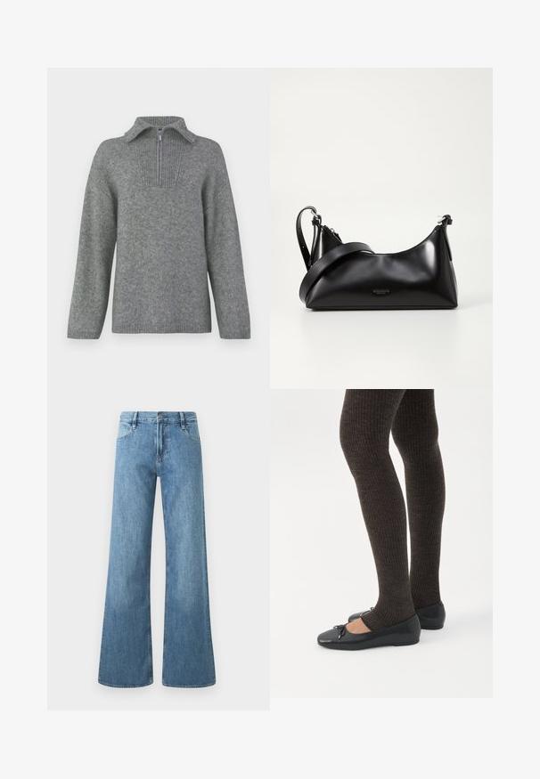 Grijs half-zip trui met een geribbelde kraag en een gestructureerd breipatroon. Heeft lange mouwen en een rechte snit voor een oversized pasvorm.; Lichtblauwe wijde jeans van denim. Heeft een hoge taille, vijf zakken, en een knoopsluiting met zichtbare stikseldetails.; Benen met donkere geribbelde leggings gecombineerd met zwarte ballerina's met kleine strikdetails op een witte achtergrond.; Zwarte leren handtas met een gladde textuur. Beschikt over een verstelbare schouderband en een strak, minimalistisch ontwerp met een ritssluiting.