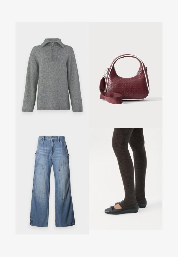 Grijs half-zip trui met een geribbelde kraag en een gestructureerd breipatroon. Heeft lange mouwen en een rechte snit voor een oversized pasvorm.; Good American GOOD EASE RELAXED - Relaxed fit jeans - indigo; Benen met donkere geribbelde leggings gecombineerd met zwarte ballerina's met kleine strikdetails op een witte achtergrond.; Donkerrode geweven leren handtas met gebogen handvat, witte bies, zilveren rits en afneembare brede stoffen schouderriem tegen een effen achtergrond.