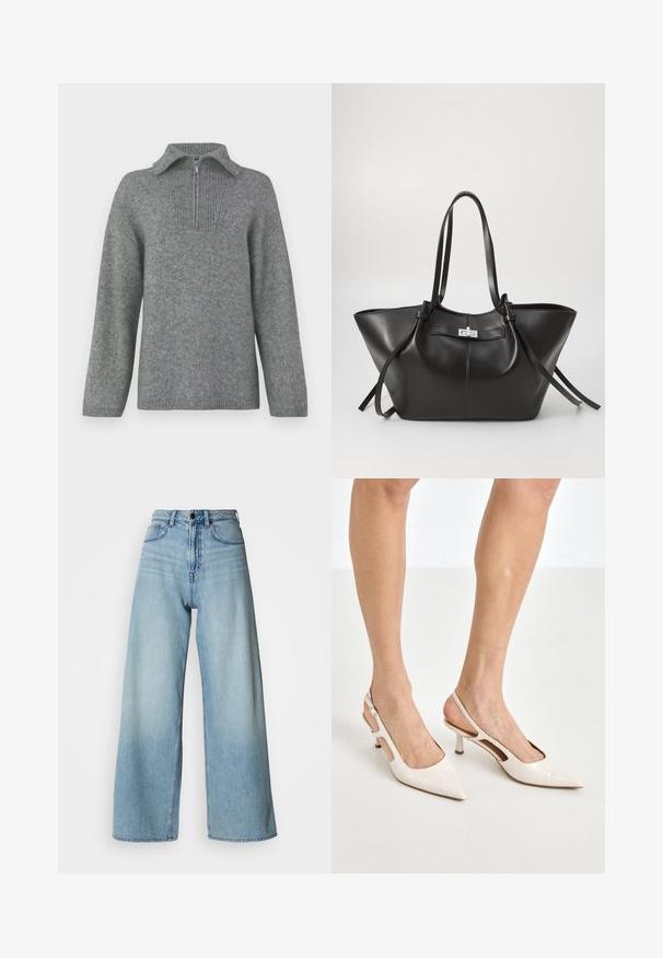 Grå halvlange zip-sweater med en ribbestrikket krave og struktureret strikkemønster. Har lange ærmer og et lige snitdesign for en oversized pasform.; Lyseblå, højtaljede, vidtbenede jeans lavet af denim, med fem-lommers design og subtile falmede detaljer for tekstur.; Beige patenterede læder slingback hæle med spids tå og 5 cm hæl, med udskårne sider og en tynd ankelrem.; Sort læder tote taske med en bred, trekantet form. Har en slank metallisk lås, lange håndtag og glat tekstur.
