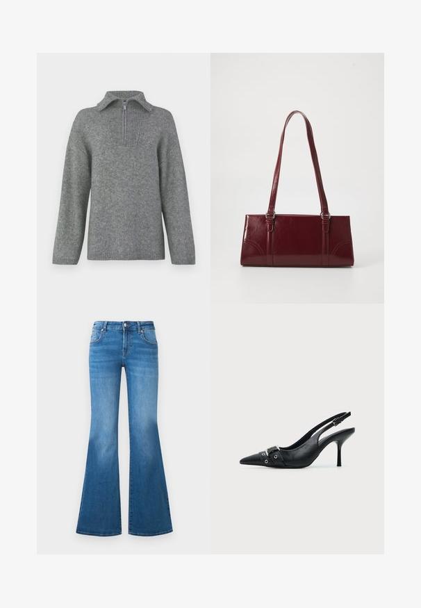 Grijs half-zip trui met een geribbelde kraag en een gestructureerd breipatroon. Heeft lange mouwen en een rechte snit voor een oversized pasvorm.; Flared blauwe denim jeans met een medium hoge taille, vijf zakken en vervaagde details op de dijen. Zilveren accenten op de knopen.; Zwarte leren pumps met hoge hak en slingback, met een puntige neus en een gesp- en oogjesriem detail aan de voorkant.; Bourgondische handtas van glanzend materiaal, rechthoekige vorm, met twee schouderbanden en subtiele gebogen accenten aan de voorkant.