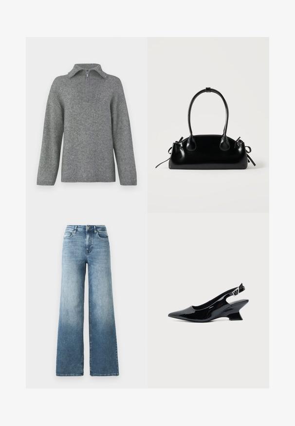 Šedý sveter s polovičným zipsom a rebrovaným golierom a textúrovaným pleteným vzorom. Obsahuje dlhé rukávy a rovný strih pre voľný fit.; Rovno strihané džíny s širokými nohavicami v svetlomodrom odtieni, s vysokým pásom, dizajnom piatich vreciek a jemným vyblednutím látky. Klasické metalické gombíkové zapínanie.; Čierna lakovaná slingback topánka so špicatou špičkou a nízkym šikmým blokovým opätkom na jednoduchom svetlom pozadí.; Malá čierna lesklá kabelka s dvoma dlhými rúčkami a bočnými šnúrkovými detailmi na jednoduchom svetlom pozadí.