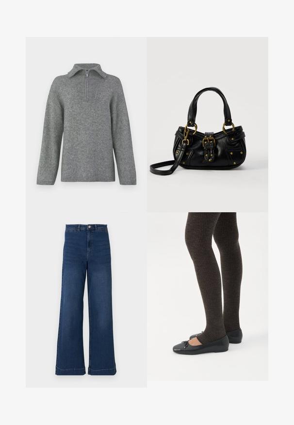 Grå halvlange zip-sweater med en ribbestrikket krave og struktureret strikkemønster. Har lange ærmer og et lige snitdesign for en oversized pasform.; Bredde ben blå denim jeans med høj talje, med en frontknaplukning, fem lommer og diskrete syninger.; Ben iført mørke ribbede leggings kombineret med sorte balletsko med små sløjfedetaljer på hvid baggrund.; Sort læderhåndtaske med guldbælge og nitdetaljer, korte håndtag og en justerbar skulderrem på en ensfarvet hvid baggrund.