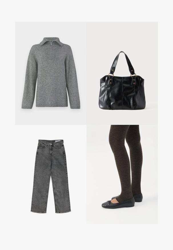Grå halvlange zip-sweater med en ribbestrikket krave og struktureret strikkemønster. Har lange ærmer og et lige snitdesign for en oversized pasform.; Højtaljede sorte vasket lige ben jeans med forlommer, bæltestropper, knaplukning og et mærkets indre taljeband.; Ben iført mørke ribbede leggings kombineret med sorte balletsko med små sløjfedetaljer på hvid baggrund.; Sort læder skuldertaske med dobbelte stropper fastgjort med gyldne ringe og nitter, glat og let skinnende overflade, enkelt design.