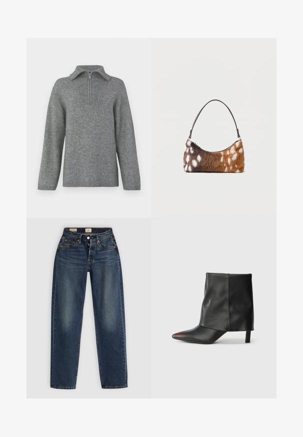 Grå halvlange zip-sweater med en ribbestrikket krave og struktureret strikkemønster. Har lange ærmer og et lige snitdesign for en oversized pasform.; Blå denim jeans med lige ben design, slidte områder, forlommer og en knappelås i taljen. Ingen synlige mønstre eller accenter.; Sort ankelstøvle lavet af glat læder med spids tå og tilspidset hæl. Overdelen har et let rynket design.; Skuldertaske med brun og hvid pletmønstret imiteret pels og en tynd sort rem, vist på en hvid baggrund.