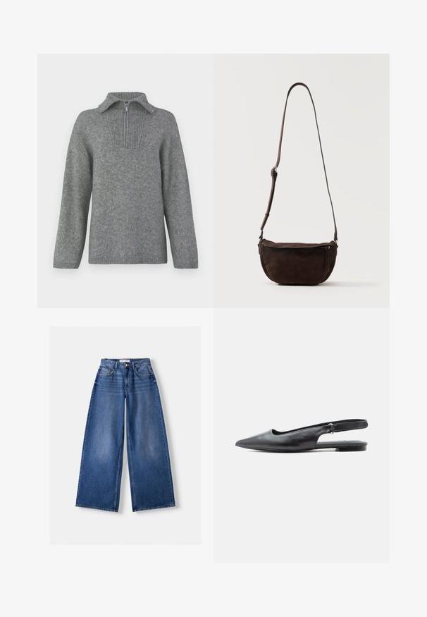 Grå halvlange zip-sweater med en ribbestrikket krave og struktureret strikkemønster. Har lange ærmer og et lige snitdesign for en oversized pasform.; Bredbenet blå denimjeans med forlommer, bæltestropper og knaplukning, lagt fladt på en lys baggrund.; Sort læder flad slingbacksko med spids tå, lav hæl og justerbar rem på lys baggrund.; Mørkebrun ruskind skuldertaske med justerbar rem og frontlynlås-lomme, stående mod en ensfarvet lys baggrund.