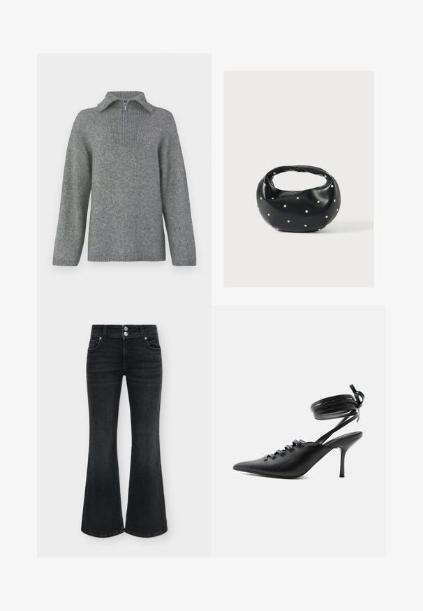 Grijs half-zip trui met een geribbelde kraag en een gestructureerd breipatroon. Heeft lange mouwen en een rechte snit voor een oversized pasvorm.; Zwarte high waist flare jeans met dubbele zilveren knoopsluiting, voorzakken en brede pijpopeningen tegen een effen achtergrond.; Zwarte pumps met spitse neus en hoge hak, met veters aan de voorkant en riempjes die rond de enkel wikkelen en zijn gestrikt in een strik, gezien vanaf de zijkant tegen een witte achtergrond.; Zwarte leren handtas met een afgeronde vorm, versierd met zilveren studs, en een korte handgreep. Gladde textuur en ritsluiting.