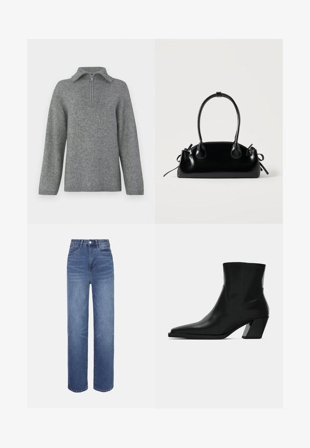 Grå halvlange zip-sweater med en ribbestrikket krave og struktureret strikkemønster. Har lange ærmer og et lige snitdesign for en oversized pasform.; Lyseblå denimjeans med højtaljet, lige ben, fem-lomme-design og subtile falmede detaljer i hele stoffet.; Sortlæder ankelstøvle med spids tå, en slank silhuet og en kraftig firkantet hæl. Glat tekstur med minimale stikninger.; Lille sort blank håndtaske med to lange håndtag og snøre-detaljer i siden på en ensfarvet lys baggrund.