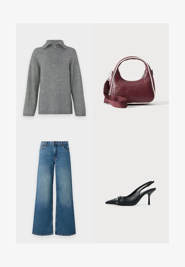 Grå halvlange zip-sweater med en ribbestrikket krave og struktureret strikkemønster. Har lange ærmer og et lige snitdesign for en oversized pasform.; Bredde ben blå denimjeans med en falmet finish, fem-lomme design og standard talje med metalknap og lynlåslukning.; Sort læder højhælet sko med spidst tåparti, slingback og rem med spænde og nitter foran.; Mørkerød vævet lædertaske med buet hank, hvid kant, sølv lynlås og aftagelig bred stofskulderrem mod en ensfarvet baggrund.