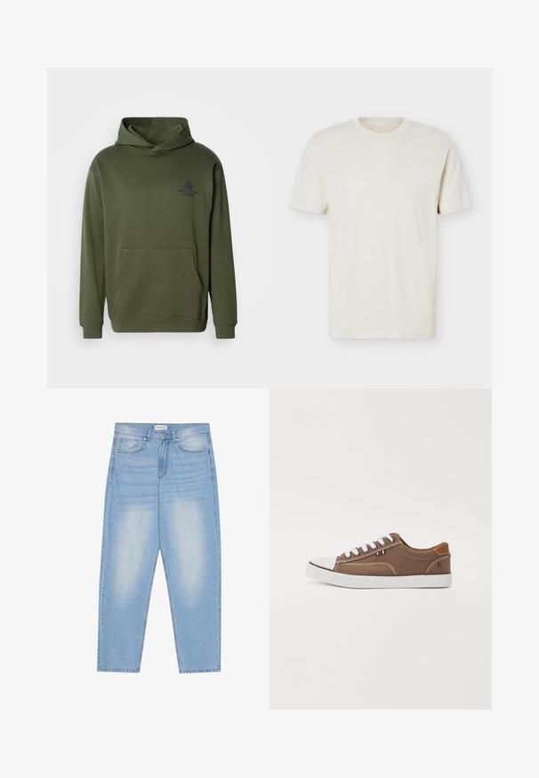 Olivengrøn hættetrøje lavet af blødt stof, med en frontlomme og et lille logo print på brystet. Klassisk pasform.; Simpel, off-white T-shirt med korte ærmer og rund hals, med diskret logo på venstre bryst, vist mod en hvid flad baggrund.; Lyseblå denimjeans med en afslappet pasform, der har fem lommer, subtil falming og syninger langs sømmene.; Brune kanvas sneakers med hvide snørebånd, gummitåspids og kontrasterende tan-detaljer på hælen, med et lille tricolor-emblem.