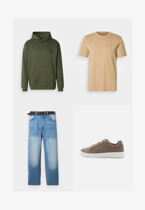 Olivengrøn hættetrøje lavet af blødt stof, med en frontlomme og et lille logo print på brystet. Klassisk pasform.; Beige bomulds t-shirt med rund halsudskæring, korte ærmer og et lille broderet logo på brystet. Glat tekstur og standard pasform.; Lys blå denim jeans med lige ben, udstyret med et sort bælte, falmede pletter og subtil diagonalt mønster i den øverste sektion.; Brune ruskinds sneakers med flade hvide gummisåler, snørelukning, rund tå og en glat overflade. Minimalistisk stil med diskrete syninger.