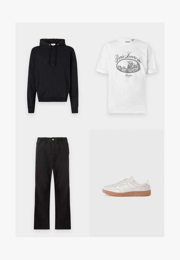 Hoodie noir en tissu doux, avec une poche avant, cordon de serrage à la capuche et logo « ORIGINALS » en relief sur la poitrine.; T-shirt en coton blanc avec une illustration noire représentant un paysage urbain parisien, accompagné du texte "Paris Lovers inc." et "Bonheur EST.1992."; Pantalons noirs en coton avec une taille élastique, présentant une coupe droite, une texture lisse et sans accents ni motifs visibles.; Baskets argentées avec une texture lisse, un design à lacets, des accents perforés et une semelle en caoutchouc marron texturé.