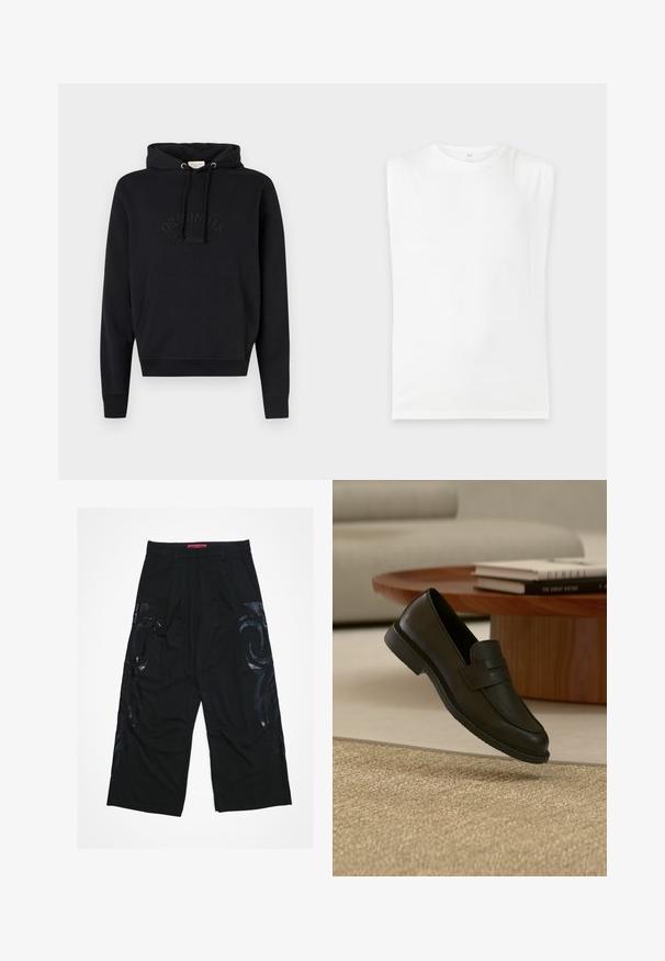 Hoodie noir en tissu doux, avec une poche avant, cordon de serrage à la capuche et logo « ORIGINALS » en relief sur la poitrine.; T-shirt blanc uni sans manches avec épaules rembourrées et col rond, présenté sur un fond gris clair.; Pantalon noir à jambes larges avec un devant plissé, présentant des motifs tribaux noirs brillants sur les côtés et une ceinture rouge de marque.; Chaussure mocassin en cuir noir présentée en suspension au-dessus d'un tapis beige tissé, avec une table en bois et des livres empilés dans un salon doucement éclairé.