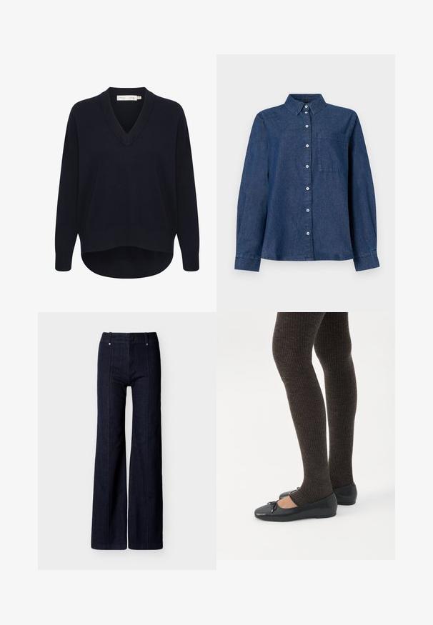 Marineblauwe V-halstrui met lange mouwen, een ontspannen pasvorm en een ronde aanzoom. Gemaakt van zachte, gestructureerde stof en met minimale labels.; Donkerblauwe denim overhemd met lange mouwen, voorzien van een knoopsluiting aan de voorkant, spitse kraag, een enkele borstzak en knoopmanchetten.; Donkerblauwe wijde denimbroek met hoge taille en verticale naden aan de voorkant, tegen een witte achtergrond.; Benen met donkere geribbelde leggings gecombineerd met zwarte ballerina's met kleine strikdetails op een witte achtergrond.