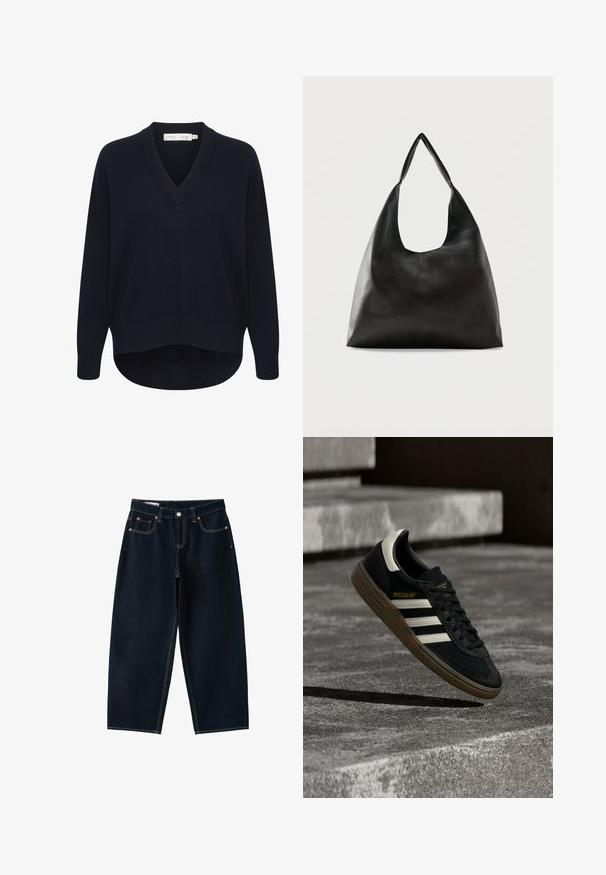 Marineblå V-hals sweater med lange ærmer, en afslappet pasform og en buet kant. Fremstillet af blødt, struktureret stof med minimale labels.; Mørkeblå jeans med vide ben, fem lommer, knaplukning og kontrastsyning på hvid baggrund.; Sort Adidas-sneaker med hvide striber og gummisåler, svævende over grå betontrapper i naturligt lys.; Sort skuldertaske i glat læder med en bred, enkelt strop og et afslappet, minimalistisk design mod en ensfarvet baggrund.