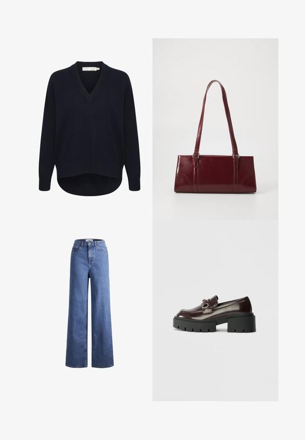 Jersey de cuello en V azul marino con mangas largas, un corte relajado y un dobladillo curvado. Elaborado con una suave tela texturizada, presenta etiquetas mínimas.; Jeans de mezclilla de tiro alto, de pierna ancha, en azul claro, con dos bolsillos delanteros y costuras visibles. Cuentan con un cierre de botón y cremallera.; Mocasines de charol burdeos con una suela de plataforma negra gruesa, que presentan un detalle decorativo de hebilla plateada en la parte superior.; Bolso burdeos hecho de material brillante, de forma rectangular, con dos asas para el hombro y sutiles acentos curvados en la parte frontal.