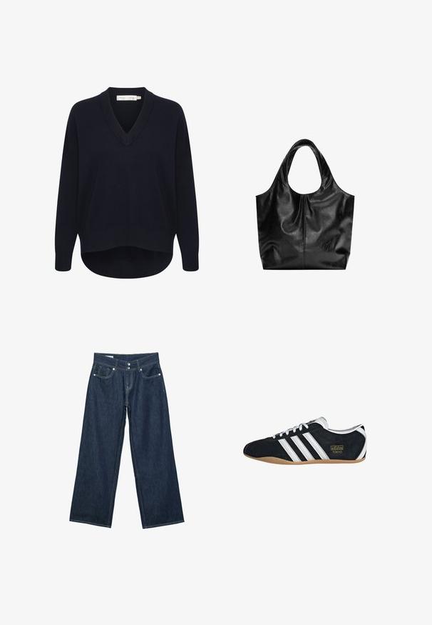 Pull V en maille marine avec des manches longues, une coupe décontractée et un ourlet arrondi. Fabriqué en tissu doux et texturé, avec des étiquettes minimales.; Jeans en denim bleu foncé à jambes larges avec fermeture à double bouton, poches avant et surpiqûres contrastantes sur fond blanc.; Sneakers en suede noir avec trois bandes blanches, logo doré et semelle en caoutchouc marron. Présente un design à lacets à profil bas.; Sac fourre-tout en cuir noir avec une texture lisse, un haut arrondi doux et de larges poignées. Présente une couture minimale et une silhouette décontractée.