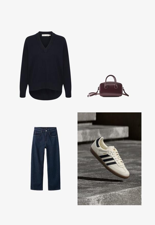 Marineblå V-hals sweater med lange ærmer, en afslappet pasform og en buet kant. Fremstillet af blødt, struktureret stof med minimale labels.; Mørkeblå denim jeans med et lige ben-design, der har en klassisk fem-pockets stil, synlig syning og en knaplukning i taljen.; Hvid Adidas Samba sneaker med sorte striber og gummsål, svævende over teksturerede grå betonstrin.; Lille mørkebrun læderhåndtaske med dobbelte håndtag og aftagelig skulderrem på hvid baggrund.