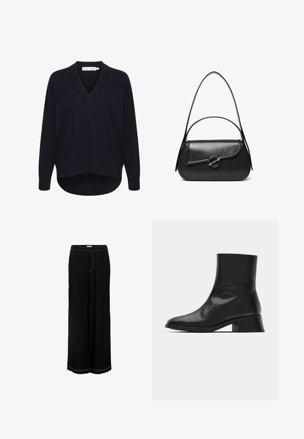 Jersey de cuello en V azul marino con mangas largas, un corte relajado y un dobladillo curvado. Elaborado con una suave tela texturizada, presenta etiquetas mínimas.; Pantalones anchos negros con costuras blancas visibles a lo largo de la cinturilla, la costura frontal y el dobladillo, con presillas para cinturón y una textura lisa.; Botín negro de tobillo hecho de cuero brillante, con un diseño elegante, punta afilada y un tacón bloque moderado para mayor estabilidad.; Bolso de hombro de cuero negro con una solapa curva asegurada por un broche metálico redondo y una correa delgada y ajustable.