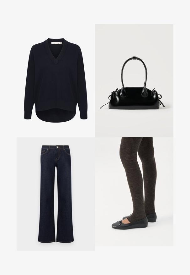 Marineblå V-hals sweater med lange ærmer, en afslappet pasform og en buet kant. Fremstillet af blødt, struktureret stof med minimale labels.; Mørkeblå vidde denimjeans med forlommer, knap- og lynlåslukning samt synlige kontrastsyninger.; Ben iført mørke ribbede leggings kombineret med sorte balletsko med små sløjfedetaljer på hvid baggrund.; Lille sort blank håndtaske med to lange håndtag og snøre-detaljer i siden på en ensfarvet lys baggrund.