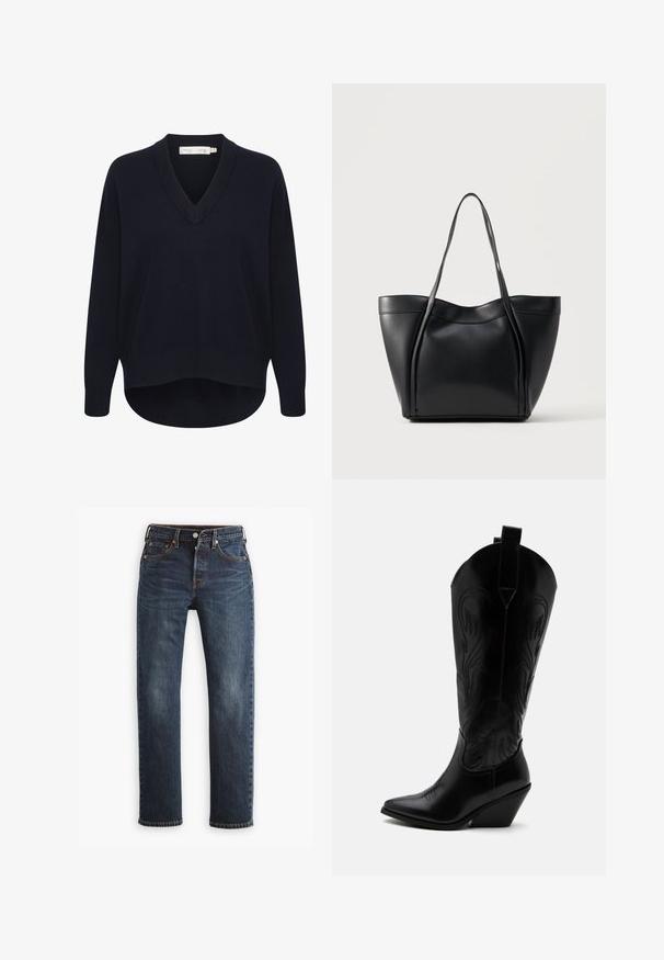 Marineblå V-hals sweater med lange ærmer, en afslappet pasform og en buet kant. Fremstillet af blødt, struktureret stof med minimale labels.; Levi's® 501® JEANS FOR WOMEN - Jeans Straight Leg - same intent; Sort læder cowboystøvle med spidst tåparti, skråt blokhælhæl, dekorative sømme og trækstropper øverst mod hvid baggrund.; Sort lædertaske med to lange håndtag og en let buet topkant, vist mod en ensfarvet lys baggrund.