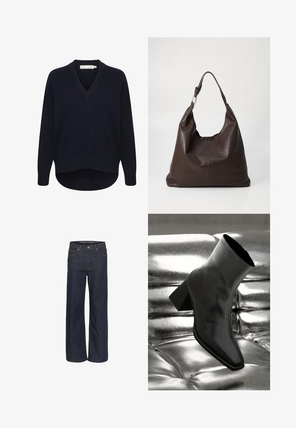 Pull V en maille marine avec des manches longues, une coupe décontractée et un ourlet arrondi. Fabriqué en tissu doux et texturé, avec des étiquettes minimales.; Jean large en denim foncé avec une taille haute, comportant cinq poches, une couture contrastante et un ourlet brut en bas.; Botte noire à la cheville en matériau brillant avec un bout carré et un talon effilé, sur un fond argenté brillant et capitonné.; Zign LEATHER - Cabas - chocolate brown