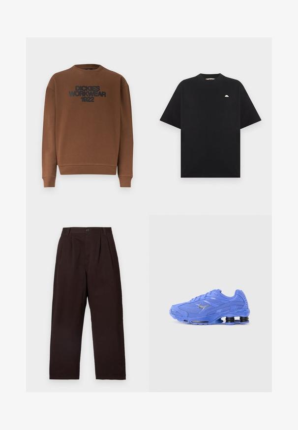 Sweat-shirt marron à manches longues avec col rond, poignets et ourlet côtelés, affichant le texte "DICKIES WORKWEAR 1922" en noir sur la poitrine.; T-shirt noir à manches courtes avec un petit logo en demi-cercle blanc sur le côté gauche de la poitrine, posé à plat sur un fond gris clair.; Pantalon plissé marron foncé avec fermeture à bouton, fabriqué en coton doux. Il présente des jambes droites et une texture subtile.; Chaussure de sport en mesh bleu avec une semelle épaisse, un swoosh Nike argenté, un col rembourré et un amorti de talon distinctif en forme de ressort.