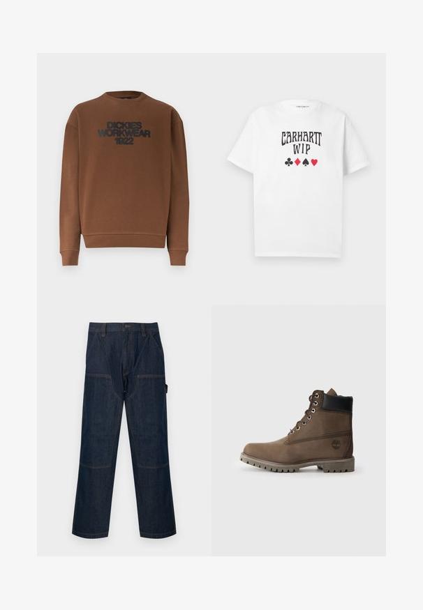 Sweat-shirt marron à manches longues avec col rond, poignets et ourlet côtelés, affichant le texte "DICKIES WORKWEAR 1922" en noir sur la poitrine.; T-shirt blanc à manches courtes avec le texte « CARHARTT WIP » et quatre symboles de couleurs de cartes à jouer (trèfle, carreau, pique, cœur) centrés sur la poitrine.; Pantalon de travail en denim bleu foncé avec jambes droites, genoux renforcés, poches latérales, passants de ceinture et fermeture avant par boutons.; Bottines en cuir marron avec un col noir, œillets en métal et semelle grise robuste. Comprend un logo sur le côté et des détails cousus.