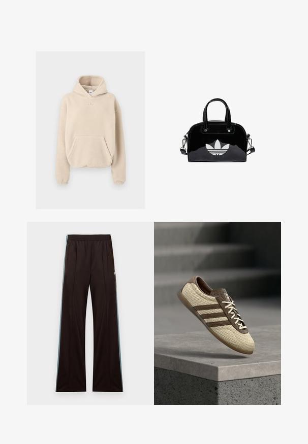 Beige fleece hoodie med en frontlomme, en hætte med snørre og et lille præget logo på brystet. Blød tekstur og afslappet pasform.; Sorte løse bukser med lyseblå sidelommer, elastisk talje, lynlås på lommerne og Adidas-logo på venstre hofte.; Beige og brune vævede sneakers med tre striber og hvide snørebånd, svævende over en betonrampe med trapper i baggrunden.; Sort patentlæder håndtaske med rund form, to top-håndtag, sølvdetaljer og en fremtrædende hvid logo på fronten.