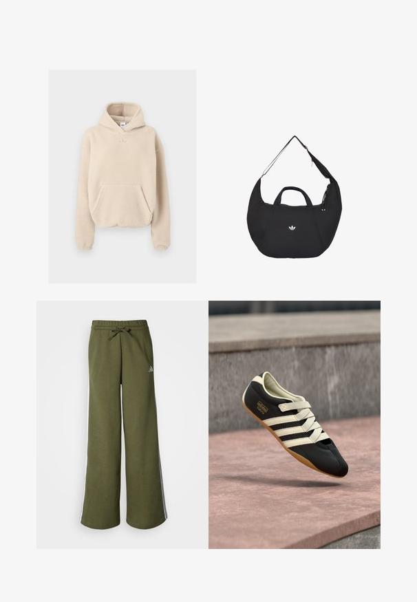 Beige fleece hoodie med en frontlomme, en hætte med snørre og et lille præget logo på brystet. Blød tekstur og afslappet pasform.; Olivengrønne joggers med brede ben lavet af blødt stof, med snoretræk i taljen og hvide sideløbende striber. Adidas-logo i sølv.; Sort atletiksko med cremefarvede striber og snørebånd, med lav profil, glat tekstur og gummisål for godt greb. Mærkeetiket synlig.; Sort halvmåneformet Adidas taske med dobbelte håndtag og en justerbar skulderrem, der viser det hvide Adidas trefoil-logo midt for.