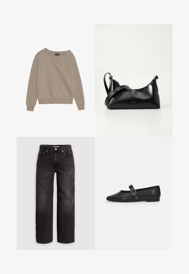 Sweatshirt beige à manches longues avec un col large et des poignets côtelés. Tissu doux, coupe décontractée, présente des coutures minimales et aucun motif.; Levi's® BAGGY DAD - Jean baggy - shrink up; Chaussure plate en cuir noir avec un bout arrondi, une seule sangle réglable à boucle et une texture lisse et brillante. Design minimaliste avec un petit talon.; Sac à main en cuir noir avec une texture lisse. Dispose d'une bandoulière adjustable et d'un design élégant et minimaliste avec une fermeture éclair.