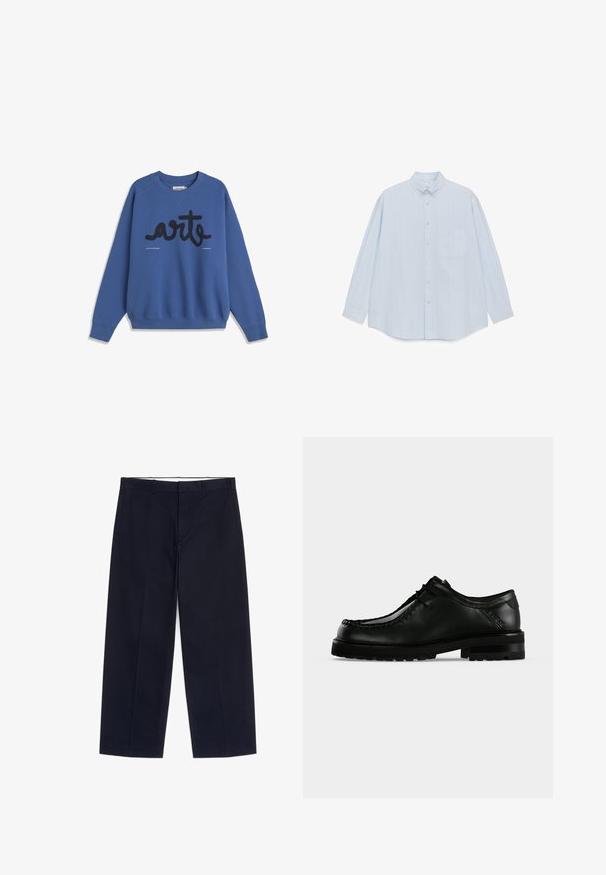 Sweat-shirt bleu à col rond avec le texte "arte" en cursive noire sur la poitrine, et poignets ainsi qu'ourlet côtelés.; Chemise bouton d'un bleu clair en coton, avec des rayures blanches verticales, une poche poitrine et un col classique. Manches longues.; Pantalon noir à coupe droite avec passants de ceinture, poches latérales et fermeture éclair devant, présenté à plat sur fond blanc.; Chaussure en cuir noir à lacets avec semelle épaisse en caoutchouc et couture moc toe, vue de profil gauche sur fond clair uni.