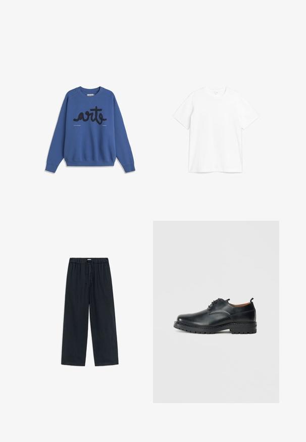 Sweat-shirt bleu à col rond avec le texte "arte" en cursive noire sur la poitrine, et poignets ainsi qu'ourlet côtelés.; T-shirt en coton blanc avec un col rond et des manches courtes. Le tissu semble lisse avec un design classique et droit.; Pantalon noir ample avec taille élastique et cordon de serrage à l'avant, présenté à plat sur fond blanc.; Chaussures derby en cuir noir avec une texture lisse, bout rond, design à lacets et une semelle en caoutchouc épaisse et robuste.