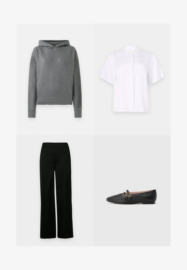 Grijze hoodie gemaakt van een zachte, gestructureerde stof. Beschikt over een capuchon met trekkoord, lange mouwen en een iets verkorte, losse pasvorm.; Kortgerit shirt in het wit, gemaakt van een gladde stof, met een spitse kraag en een knoopsluiting met een groene accentknop.; Zwarte wijde pantalon met een gladde textuur en subtiele verticale krijtstrepen. Heeft een hoge tailleband en een rechte snit van heup tot zoom.; Zwarte leren platte schoenen met een spitse neus, voorzien van twee zwarte banden met gouden accenten. Soepele textuur en lage hak.
