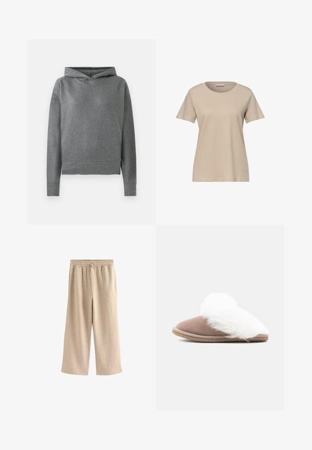 Grå hættetrøje lavet af et blødt, tekstureret stof. Har en justerbar hætte, lange ærmer, og en let cropped, afslappet pasform.; Beige kortærmet rundhalset dame-T-shirt med enkelt design og Street One-mærke inde i kraven.; Cremefarvede breddebenede bukser lavet af blødt bomuldsblandingsstof. Har en elastisk talje med snor og en subtil plettet tekstur.; Brun ruskinds slip-on slippers med tykt, hvidt kunstpelsfor og en skridsikker gummisål, vist fra siden på en hvid baggrund.